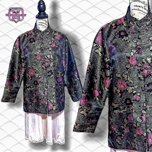 VINTAGE Robert Louis Silk Asian Kimono Embroidered Mandarin Jacket, Medium - Picture 1 of 9